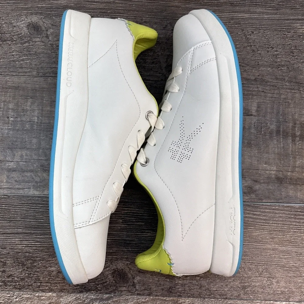 KURU Roam Women's 9 Classic Court Sneaker Leather‎ Shoe Bright White-Pale Lime